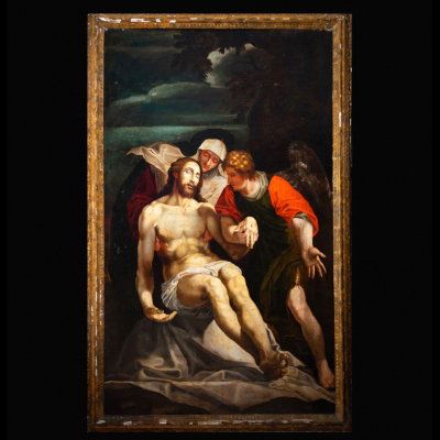 Gran óleo sobre lienzo del Descendimiento de Cristo, escuela italiana del siglo XVII. 