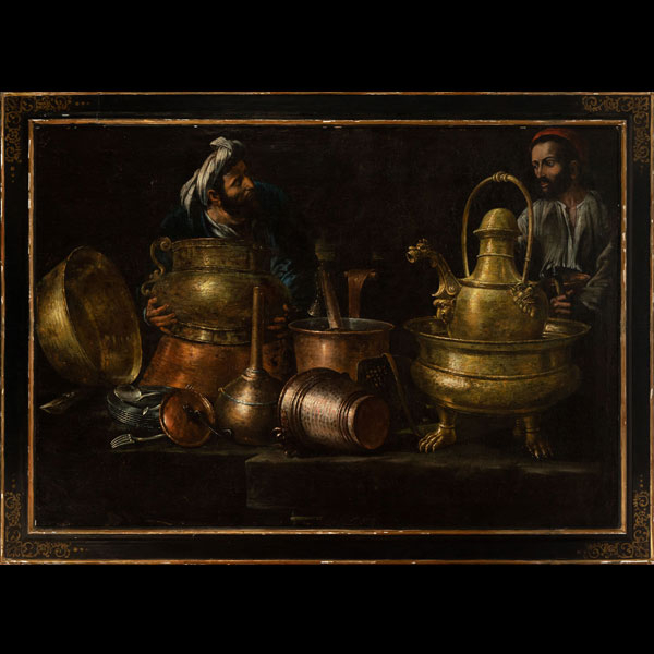 Los Vendedores de Cacharros, magnífico gran bodegón atribuído a Giovanni Battista Recco, escuela italiana del siglo XVII. 