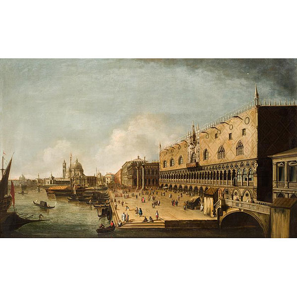 Escuela Veneciana S. XVIII. Veduta.  "Palacio del Dux desde el Gran Canal". Óleo sobre lienzo.