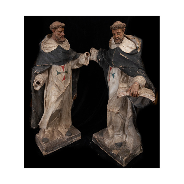 Pareja de grandes tallas Barrocas italianas San Juan de la Mata y San Félix de Valois, fundadores de la Orden Trinitaria, escuela italiana del siglo XVII. 