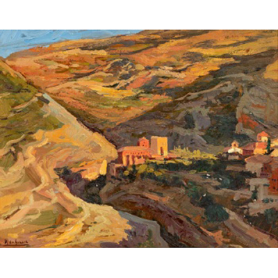 MANUEL DE GRACIA   (Mora de Toledo, Toledo 1937 - 1985)  &quot;Vista de Albarracín&quot;  Firmado: M. de Gracia  Óleo / Táblex 