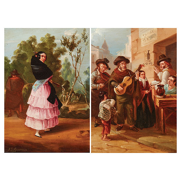 Manuel Rodríguez de Guzmán (Sevilla, 1818-1867) Mujer con mantilla y Exterior de taverna.