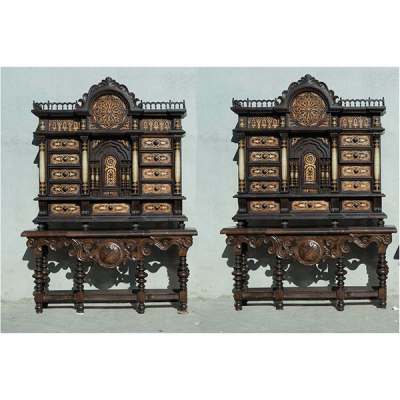Gran Pareja de Cabinets tipo Bargueño italianos en madera de nogal, alabastro y taracea de Hueso labrado, trabajo Piamontés de finales del siglo XIX, hacia 1900.