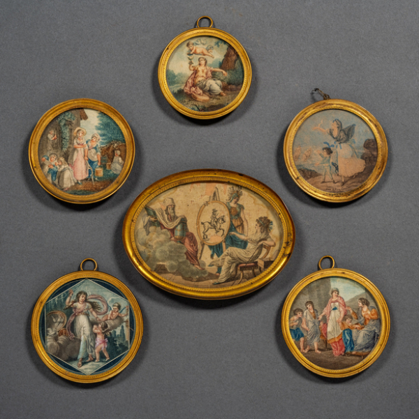 Conjunto de seis miniaturas grabadas policromadas y bordadas del siglo XIX.