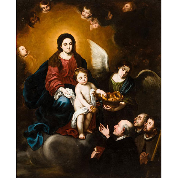 Seguidor de Murillo.  "Virgen y el Niño entregando pan a los sacerdotes".