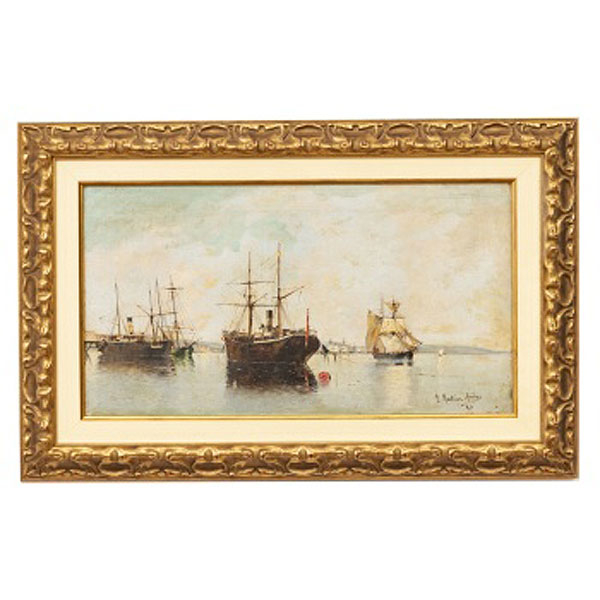 JUAN MARTÍNEZ ABADES  (Gijón 1862 - Madrid 1920) "Marina con barcos atracados "