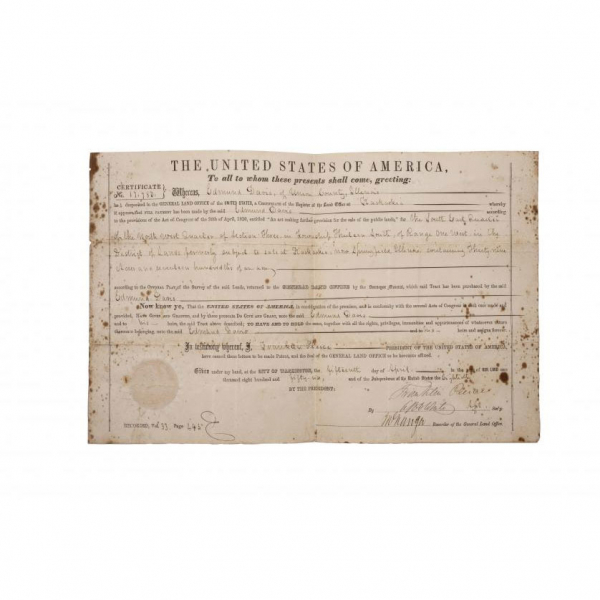 FRANKLIN PIERCE S. XIX - Documento de adjudicación de tierras firmado por el presidente Pierce, fechado el 15 de abril de 1856, con sello del Registro General de Tierras.