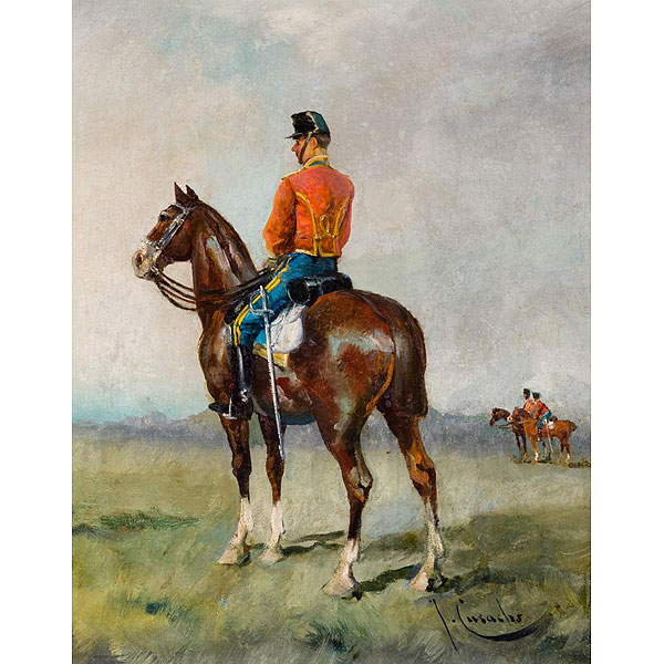 JOSEP CUSACHS Y CUSACHS (1850 - 1909) "Soldado a caballo". Óleo sobre lienzo.