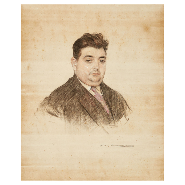 Ramón Casas Carbó (Barcelona, 1866-1932) Retrato del chef Juan Blancher. Dibujo a carboncillo y lápiz de color sobre papel.