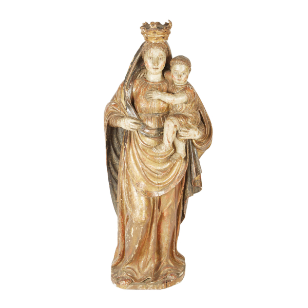 Escuela española, segunda mitad del s.XVI. Virgen con el Niño. Escultura en madera tallada, policromada y dorada.