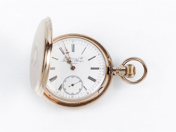 Excelente reloj cronómetro saboneta suizo, J. ULLMANN &Co (Hong Kong-Shangai-Tientsin)), nº 40151 0, en caja original de oro rosa 14 K 