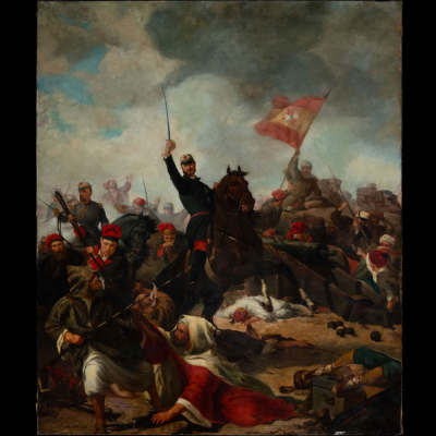 Espectacular batalla orientalista representando la Batalla de Tetuán, firmado y fechado Francisco Sans Cabot (Girona, 1828-Madrid, 1881). 
