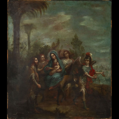 Nicolás Enríquez (1722-1787), gran cobre pintado al óleo, &quot;Descanso en la Huída a Egipto&quot;, firmado, escuela colonial mexicana del siglo XVIII.