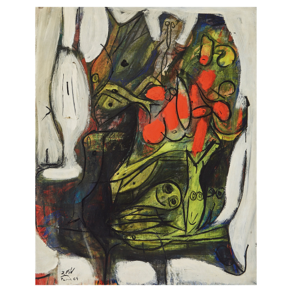 Fin. José Vilató Ruiz (Barcelona, 1916-París, Francia, 1969) Composición con peces y frutas. Óleo sobre tela.