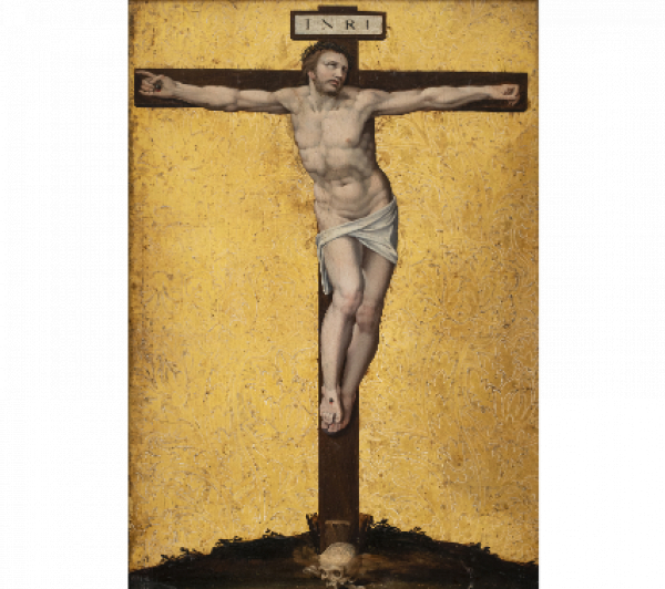 ESCUELA ROMANA, H. 1570- 1600 Cristo crucificado     Óleo sobre tabla. 