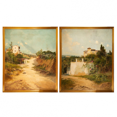 Pareja de Importantes paisajes andaluces, escuela española del siglo XIX, Eugenio Gómez Mir (Granada, 19 de diciembre de 1877 – 20 de febrero de 1938​). 