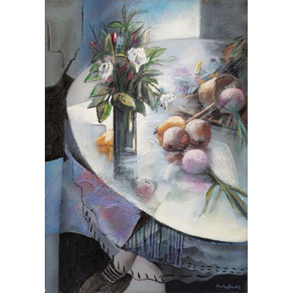 JULIÁN MOMOITIO LARRINAGA  (Sopelana, Vizcaya 1944) "Bodegón de mesa con flores y frutas"