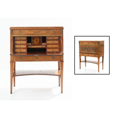 Mueble secreter en madera de caoba, palo santo y marquetería Estilo Luis XVI.  Época: Pp. S. XX