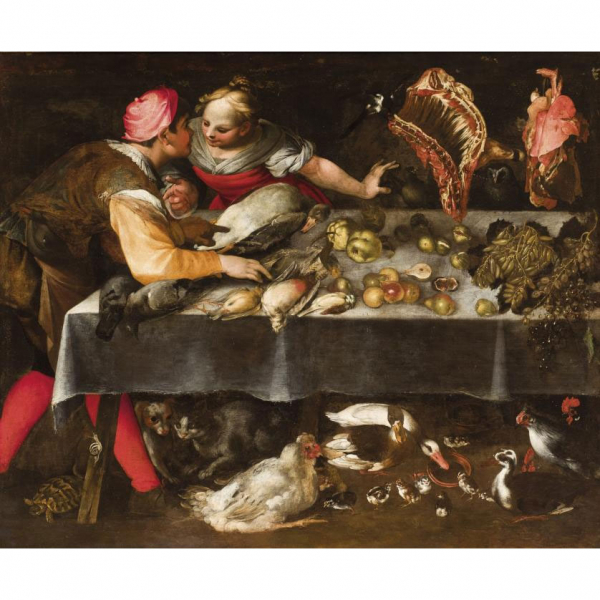 ESCUELA ITALIANA S. XVII "Escena de cocina". Óleo sobre lienzo.