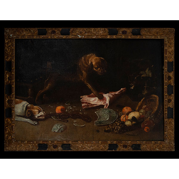 Gran óleo sobre lienzo de perros junto a Naturaleza Muerta, círculo de Paul de Vos, Paul de. J. J. P. P.. (Amberes, h. 1591/1595-1678).