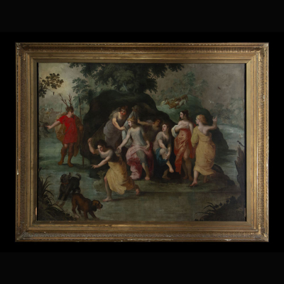 Gran óleo sobre lienzo representando &quot;El Baño de Venus&quot;, escuela Ítalo - Flamenca de principios del siglo XVII.