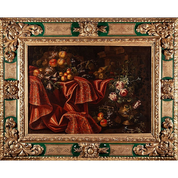 Carlo Manieri (activo en Roma 1662 - 1700) "Bodegón con frutas, flores y tapiz bordado"