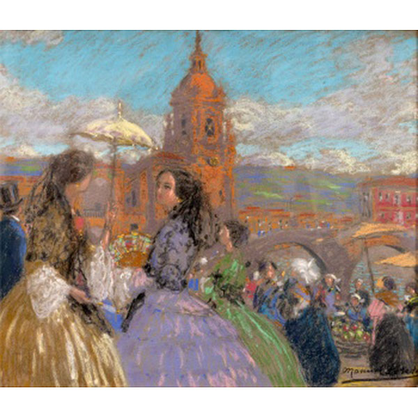 MANUEL LOSADA  (Bilbao 1865 - 1949) &quot;Damas con sombrilla en día de mercado con Iglesia y puente de San Antón &quot;