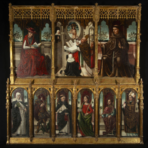 Excepcional Retablo Gótico de dos paneles Hispano Flamencos, siglo XV (marcos posteriores). 