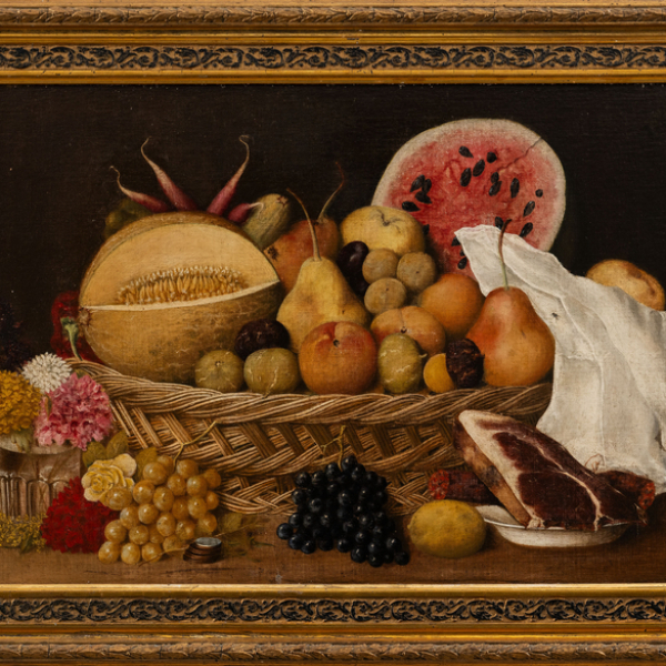 "Bodegón de uvas, melón, sandía, peras, manzanas..." ESCUELA ESPAÑOLA, Siglo XIX
