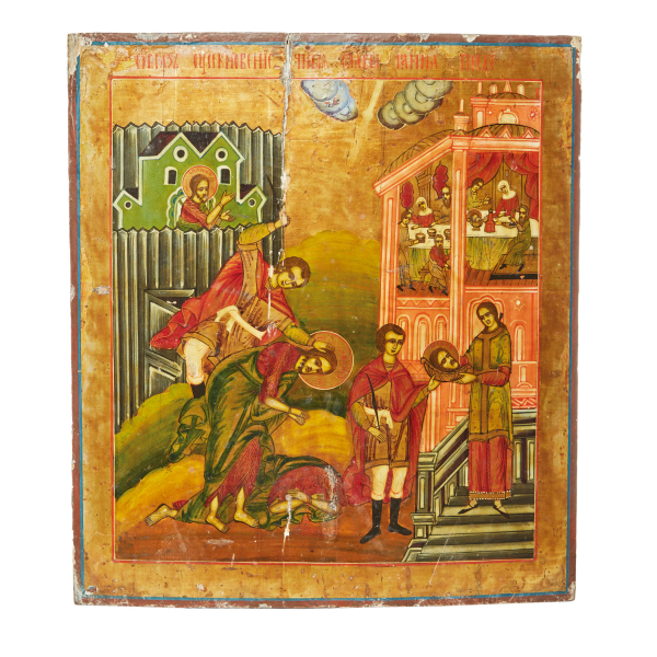 Icono ruso en madera pintada con representación de escenas de la vida de San Juan Bautista, ppios. del s. XIX.