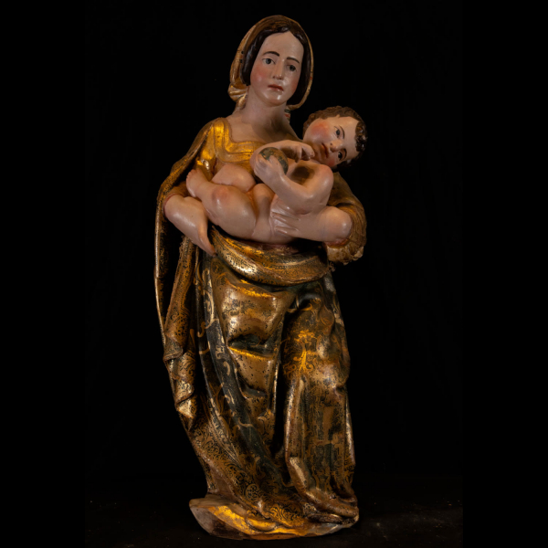 Importante Virgen Policromada con el Niño de la Bola, siglo XVI.