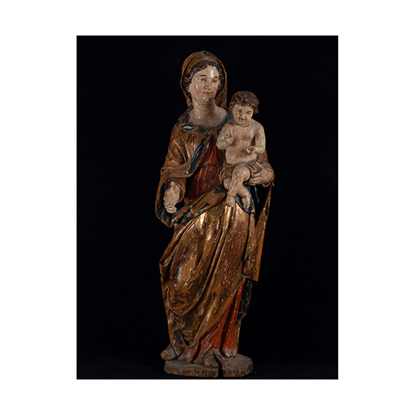 Madonna con Niño en madera de Nogal policromada, escuela del Sur de Alemania de principios del siglo XVI. 