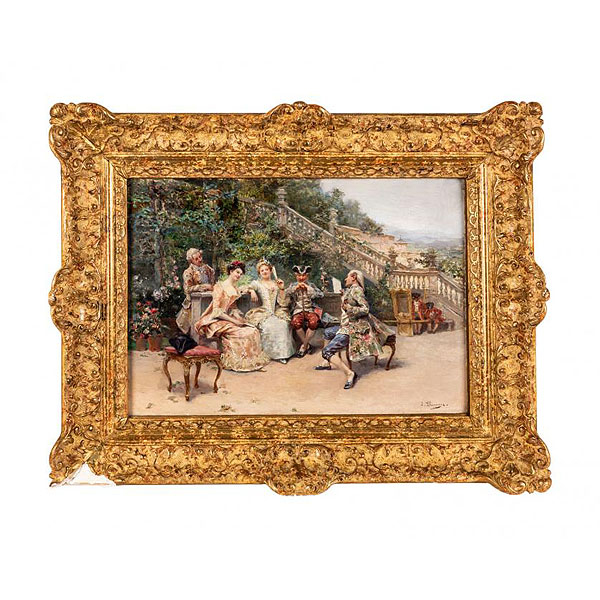 JOSE LLANECES (1863 - 1919) "Divirtiendo a las damas". Óleo sobre tabla.