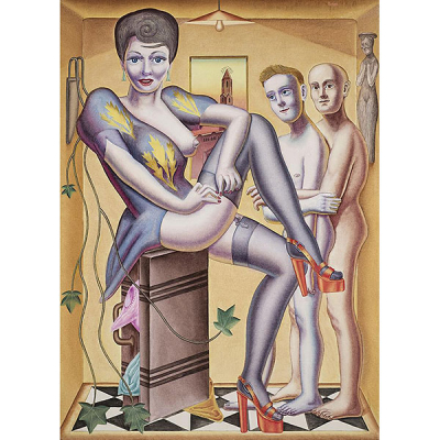 Konrad Klapheck.  &quot;Mujer desnudándose&quot;. Óleo sobre lienzo.  Firmado