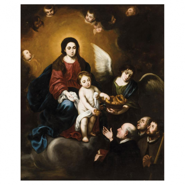 SEGUIDOR DE BARTOLOMÉ ESTEBAN MURILLO "Virgen y el Niño entregando pan a los sacerdotes". Óleo sobre lienzo.