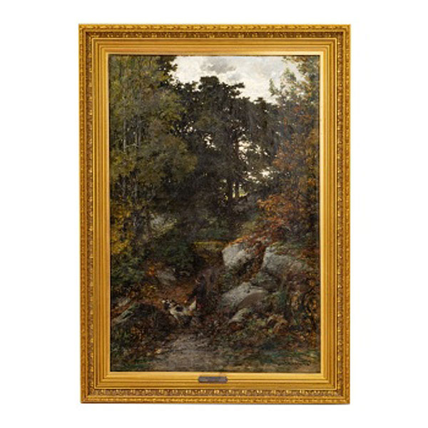 AUGUSTE JOSEPH DELESSARD  (1827-1890) "Cazador con perro entre árboles"