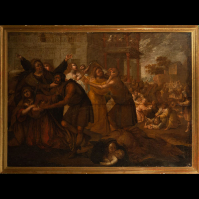 Gran representación de La Matanza de los Inocentes, Italia, escuela Boloñesa del siglo XVII.