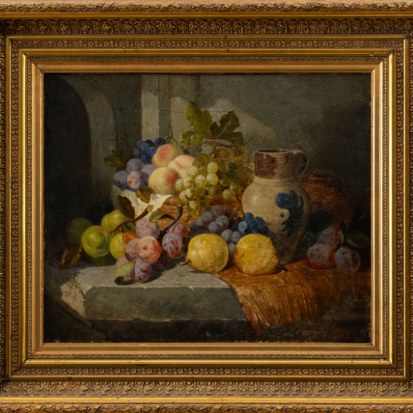 "Bodegón de jarra, uvas, limones, melocotones y peras" ESCUELA ESPAÑOLA, h. 1870