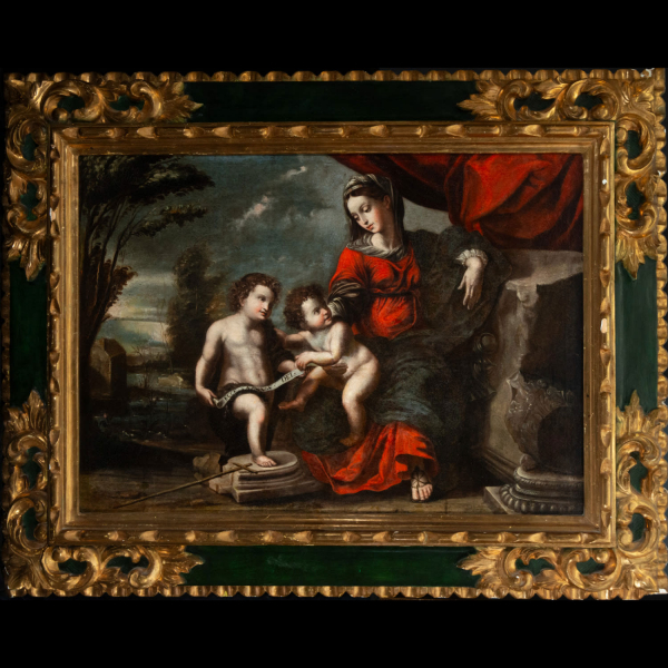 Preciosa y Grande Virgen María junto al Niño Jesús y San Juan Bautista, Maestro Genovés del siglo XVII, Italia.