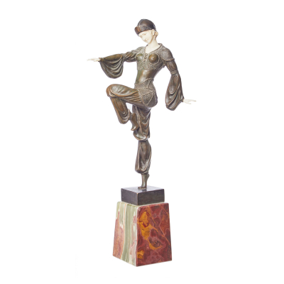 Escuela europea, fles. del s.XX. Bailarina Escultura criselefantina estilo Art Deco en bronce esmaltado y marfil según modelos de Armand Godard.