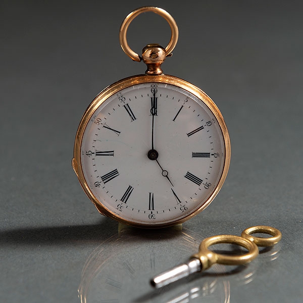 Reloj de bolsillo de dos tapas en oro amarillo de 18 kt. Siglo XIX