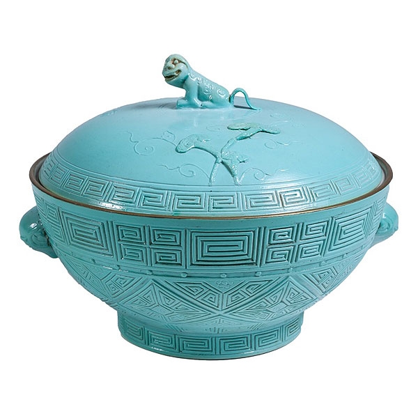 Sopera con tapa de porcelana china azul turquesa