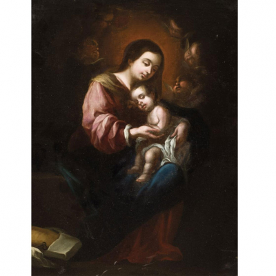 ESCUELA SEVILLANA SS. XVII-XVIII   &quot;Virgen con Niño&quot;. Óleo sobre lienzo.