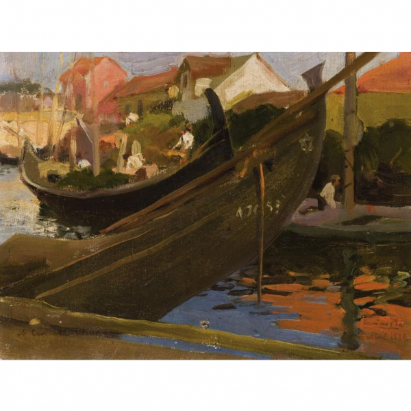 Cecilio Plá (1860 - 1934) "Barcos en el puerto (Portugal 1912)". Óleo sobre lienzo. Firmado en el ángulo inferior derecho.
