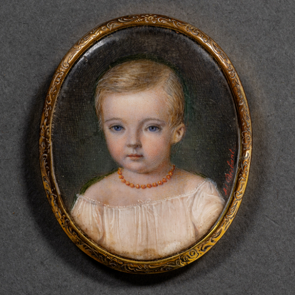 "Retrato de niña con collar de coral rojo" Miniatura pintada sobre placa de madreperla.  ADOLPHE BRÉBANT(1819-?)