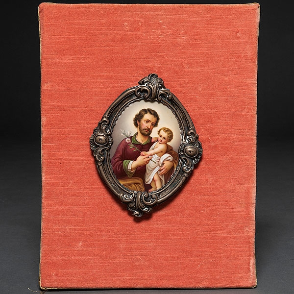 &quot;San José con el Niño&quot; Placa en porcelana esmaltada de finales del siglo XIX 