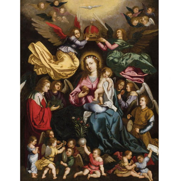 ESCUELA ESPAÑOLA S. XVII "Coronación de la Virgen". Óleo sobre cobre.