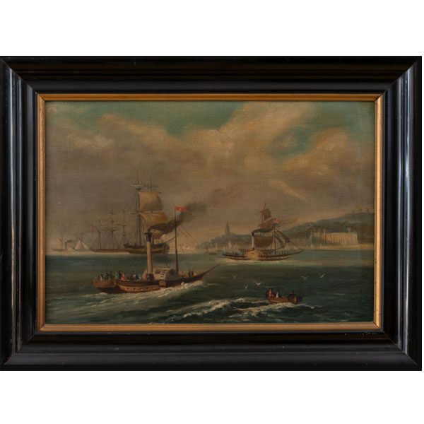 "Marina con barcos a vapor"  Autoría: Escuela Española, Siglo XIX-XX 