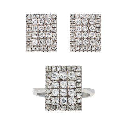 Juego de pendientes y sortija diseño rectangular en oro blanco con diamantes tallas brillante, brillante antigua y 8/8.