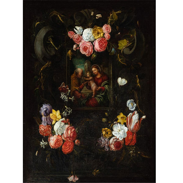 Francisco Antonio de Ettenhard.  "Sagrada Familia con orla de flores". Óleo sobre lienzo. 